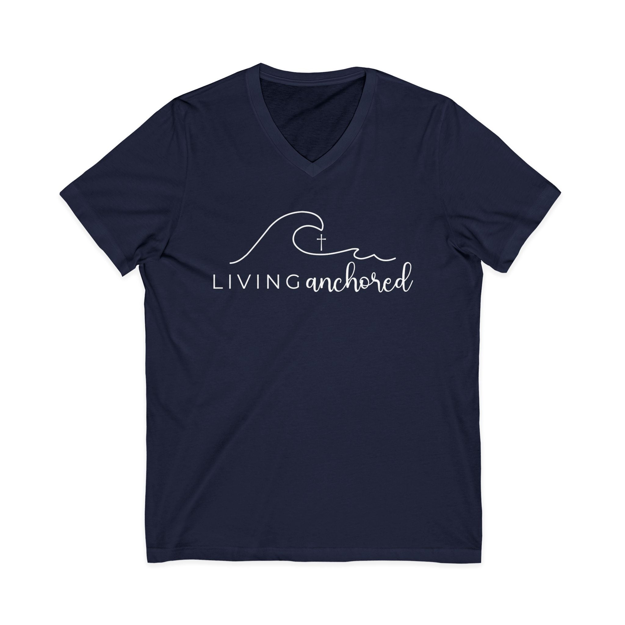 Copy of Living Anchored | V-Neck Tee with Psalm 46:5 (White Script)