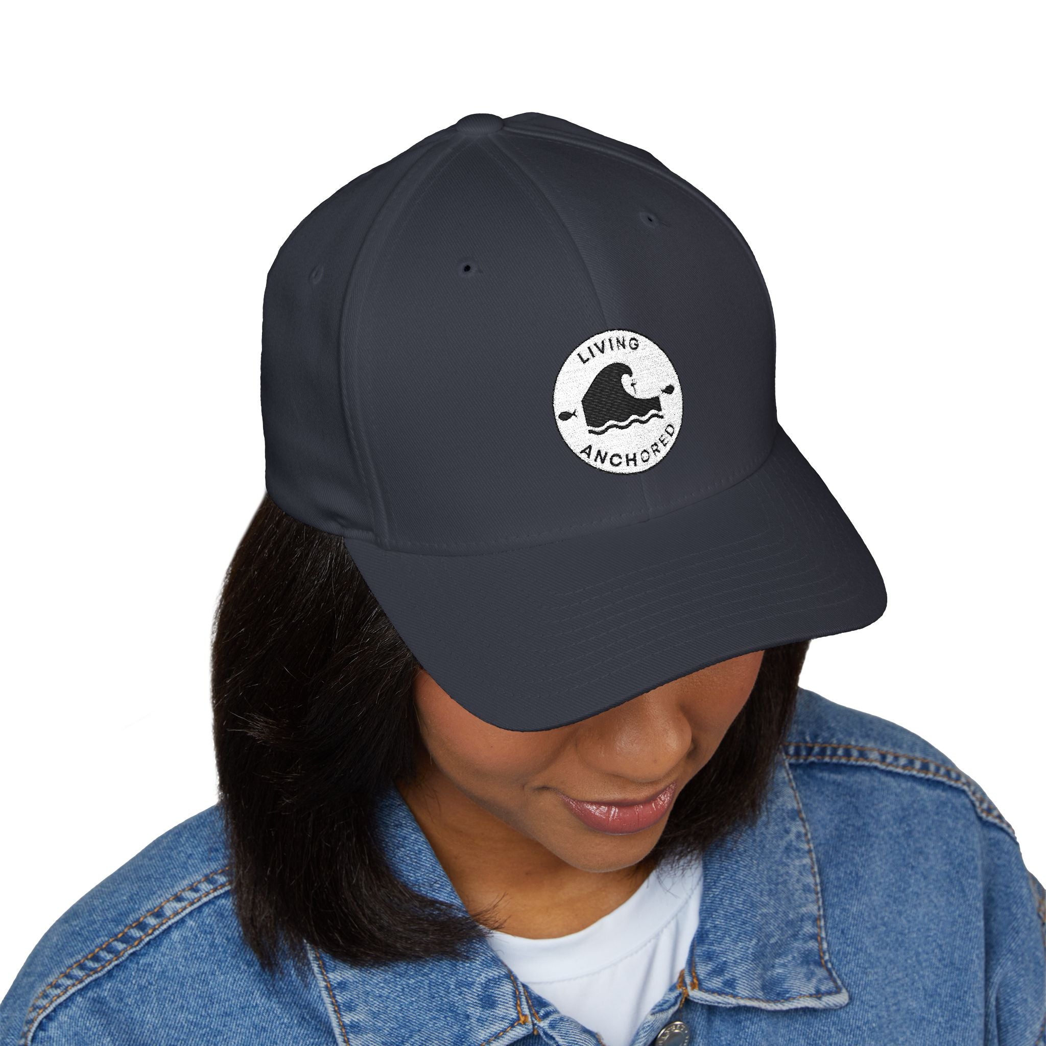 Living Anchored | Embroidered Closed-Back Cap (White Logo Back)