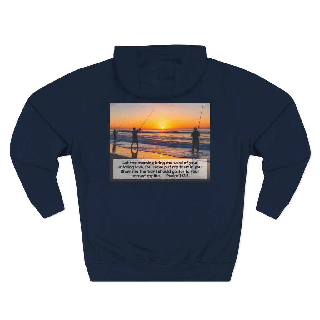 Living Anchored Fleece Hoodie – Fishing Sunset with Psalm 143:8