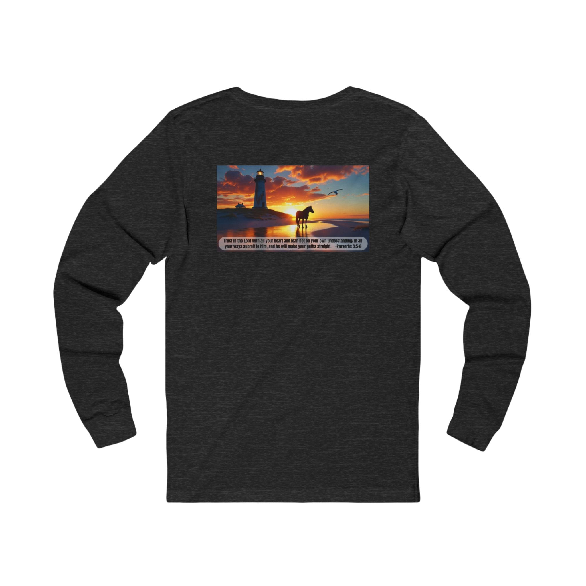 Living Anchored Jersey Long Sleeve Tee – Proverbs 3:5-6 Horse & Lighthouse Design