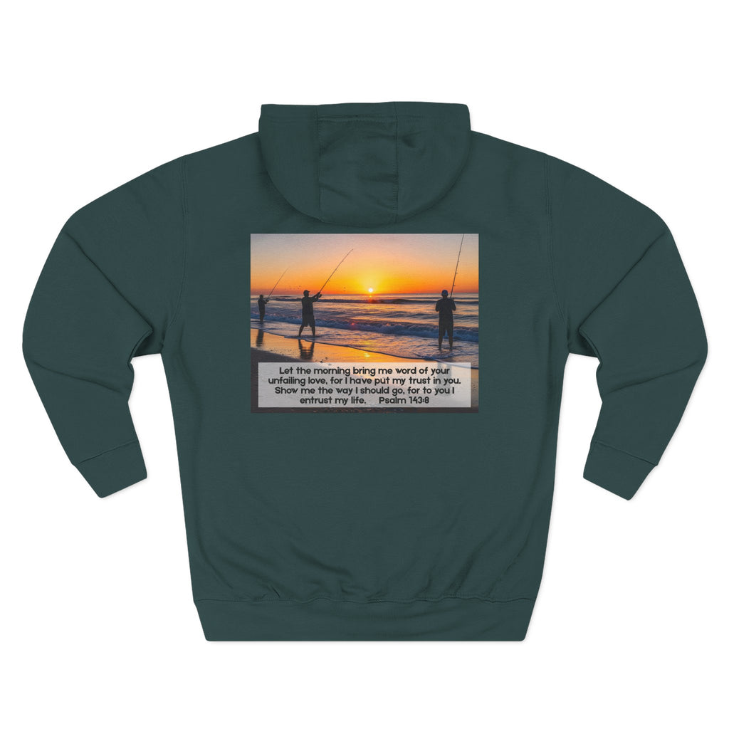 Living Anchored Fleece Hoodie – Fishing Sunset with Psalm 143:8