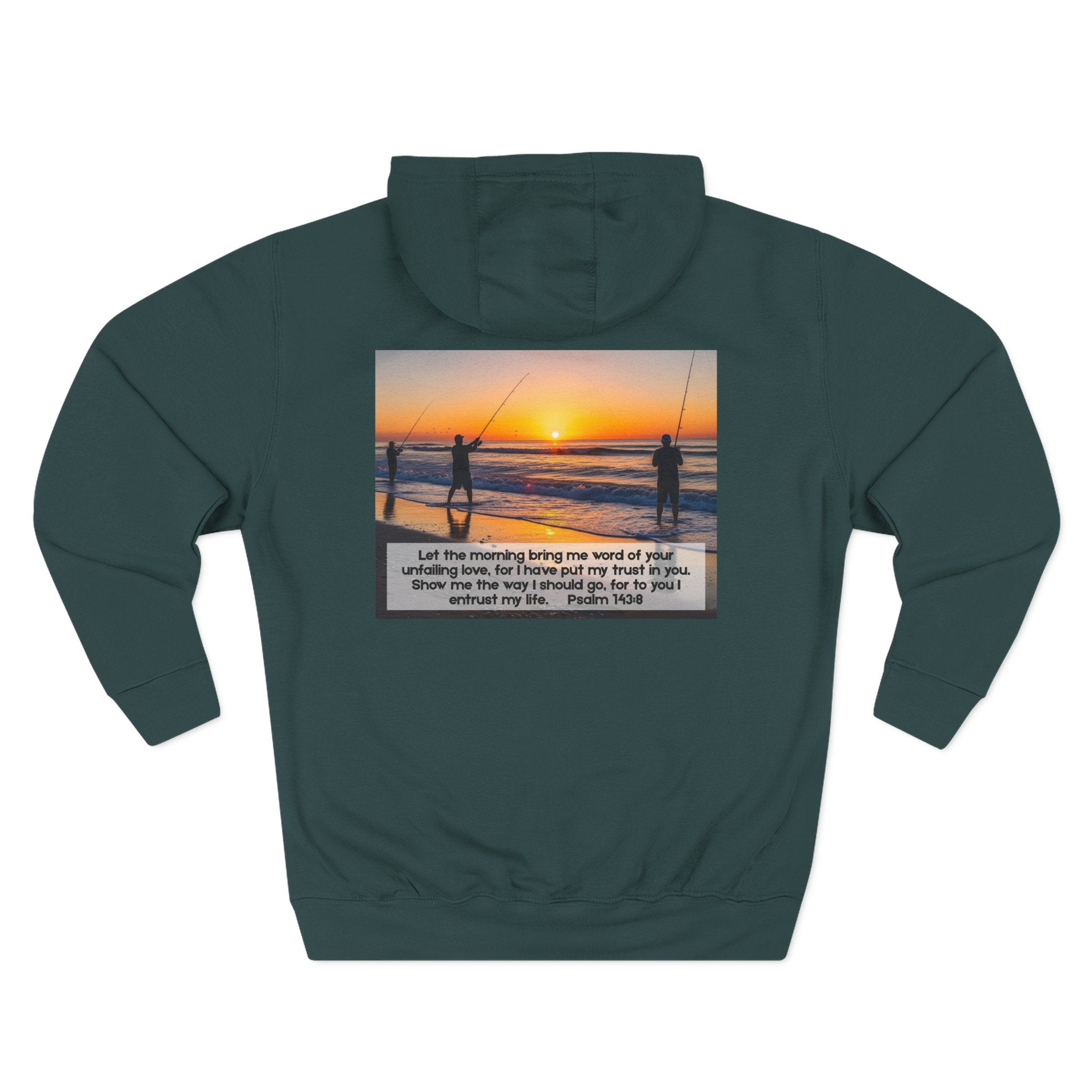 Living Anchored Fleece Hoodie – Fishing Sunset with Psalm 143:8