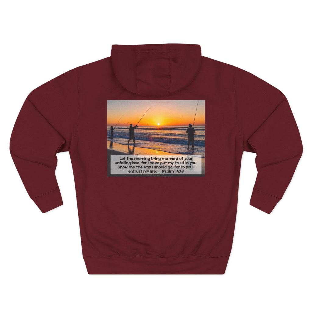 Living Anchored Fleece Hoodie – Fishing Sunset with Psalm 143:8