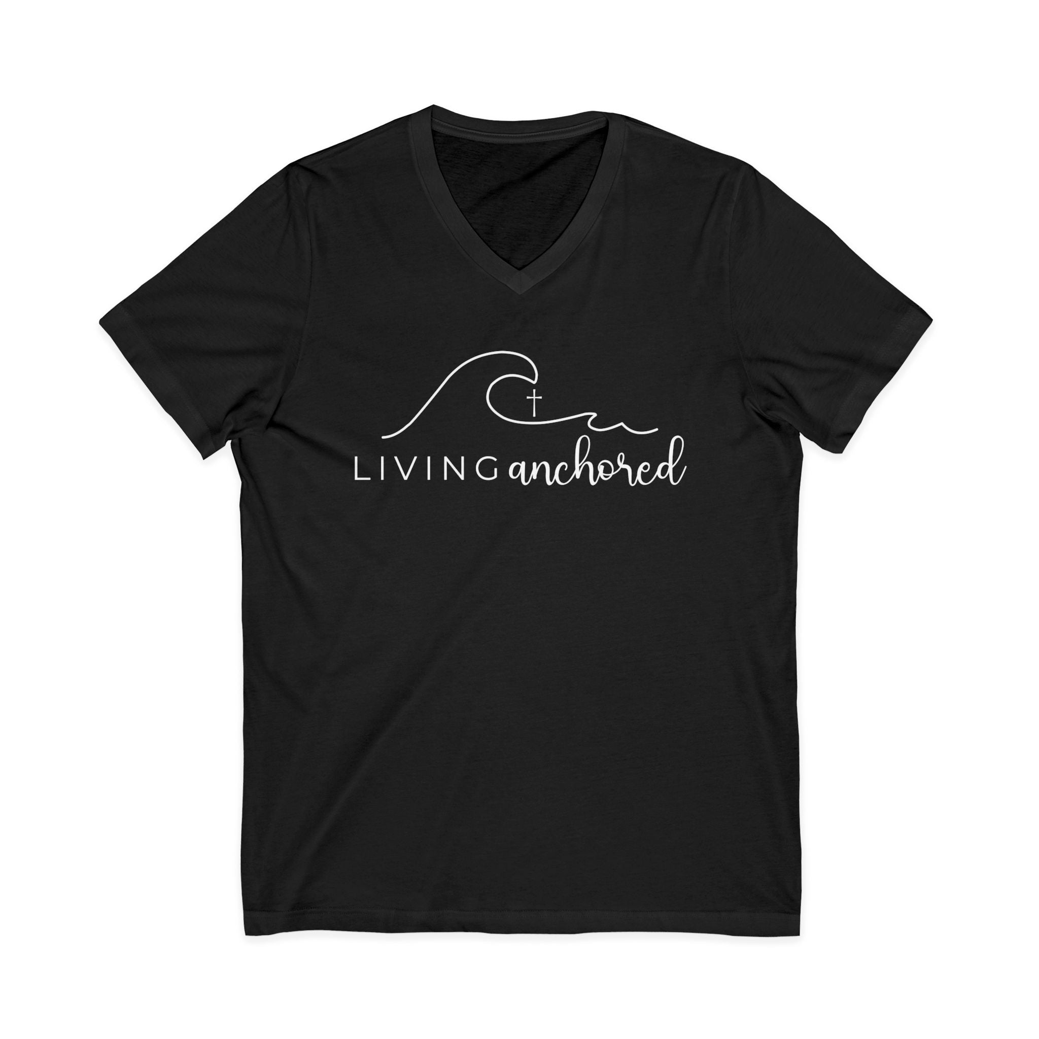 Copy of Living Anchored | V-Neck Tee with Psalm 46:5 (White Script)
