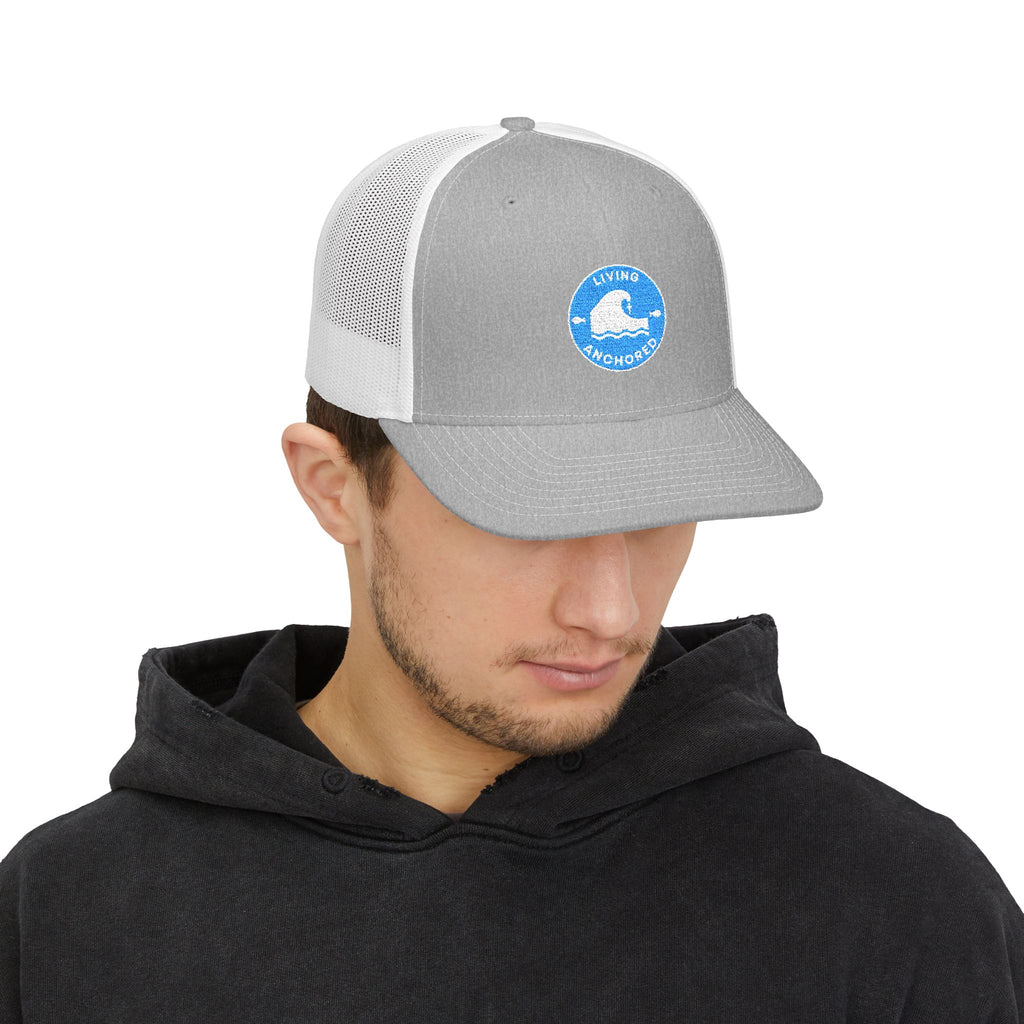 Living Anchored | Embroidered Snapback Trucker Cap (Blue & White Patch)