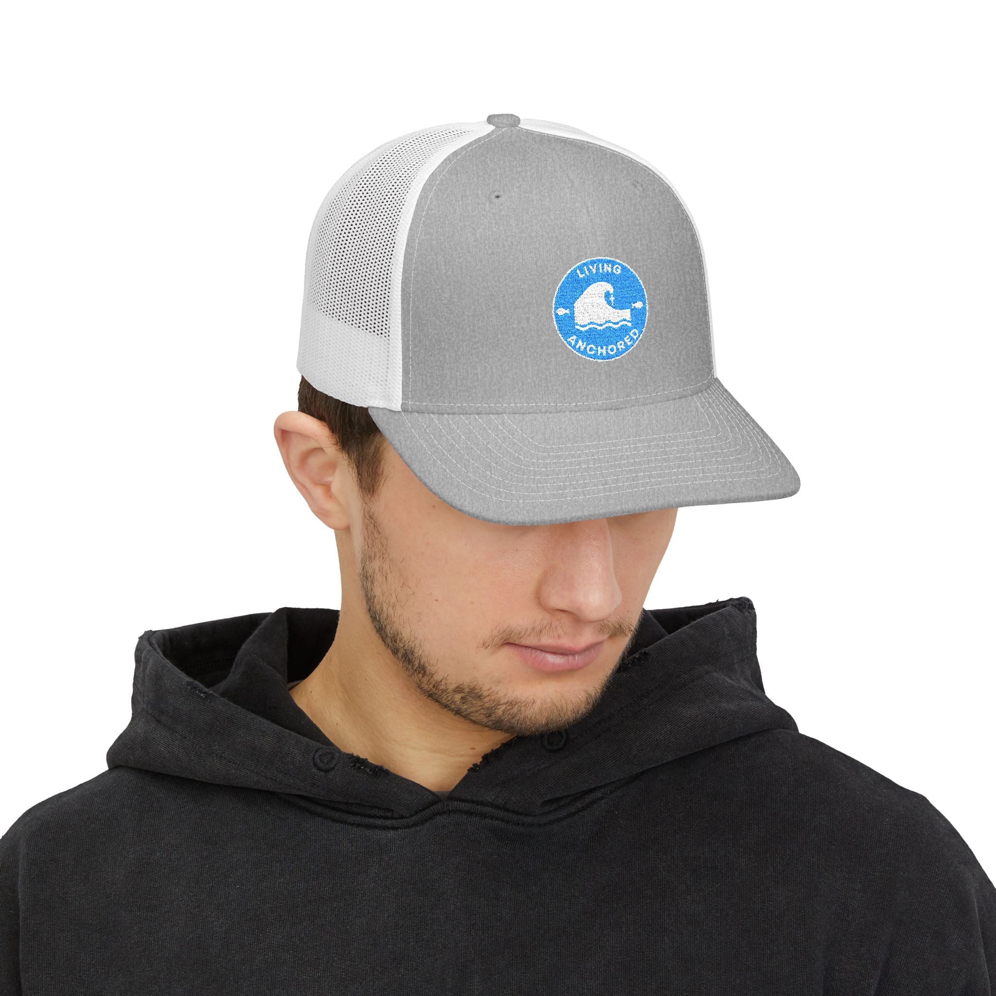 Living Anchored | Embroidered Snapback Trucker Cap (Blue & White Patch)