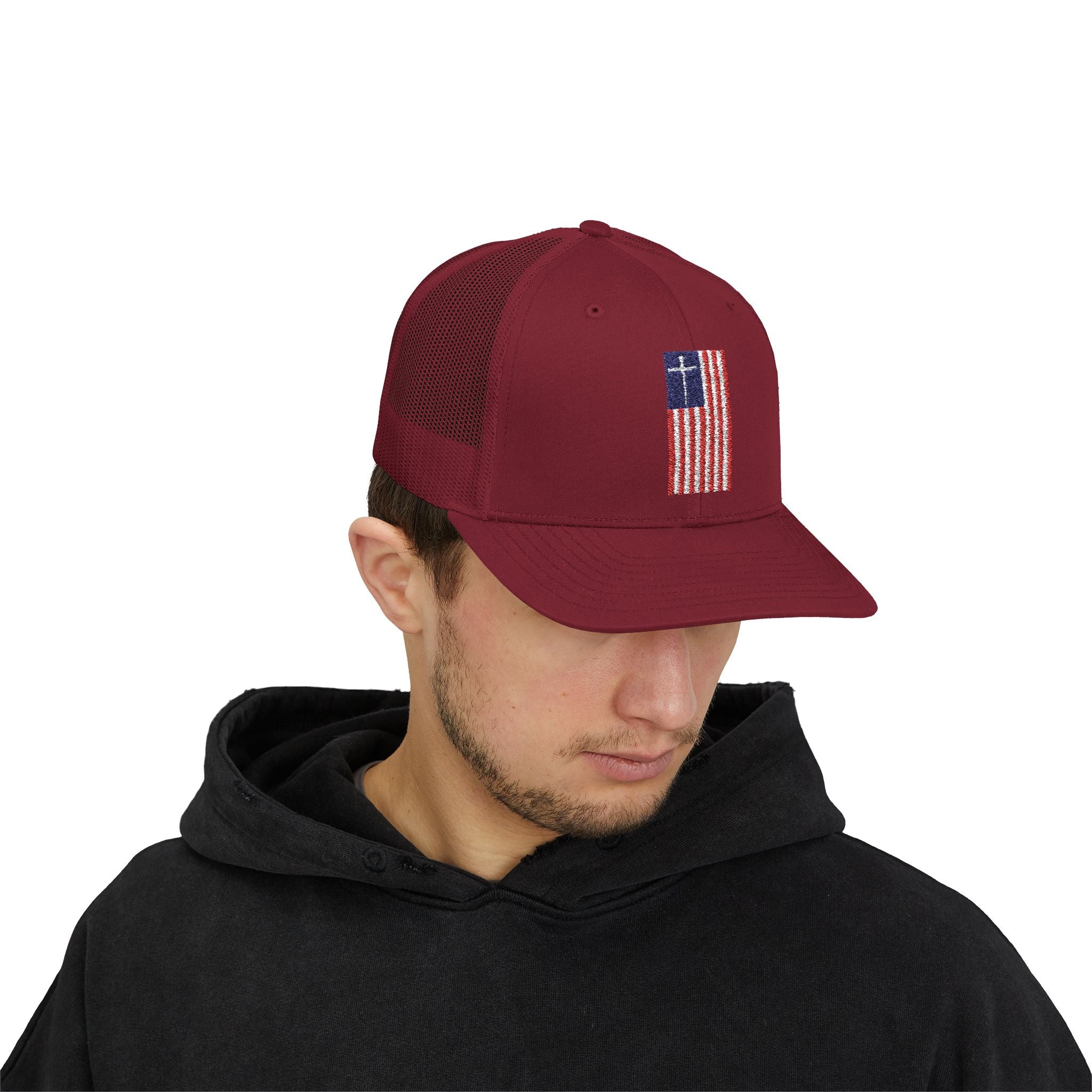 American Flag Cross – Snapback Trucker Cap (16 Colors)