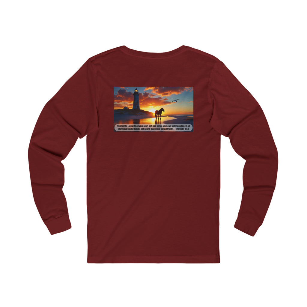 Living Anchored Jersey Long Sleeve Tee – Proverbs 3:5-6 Horse & Lighthouse Design