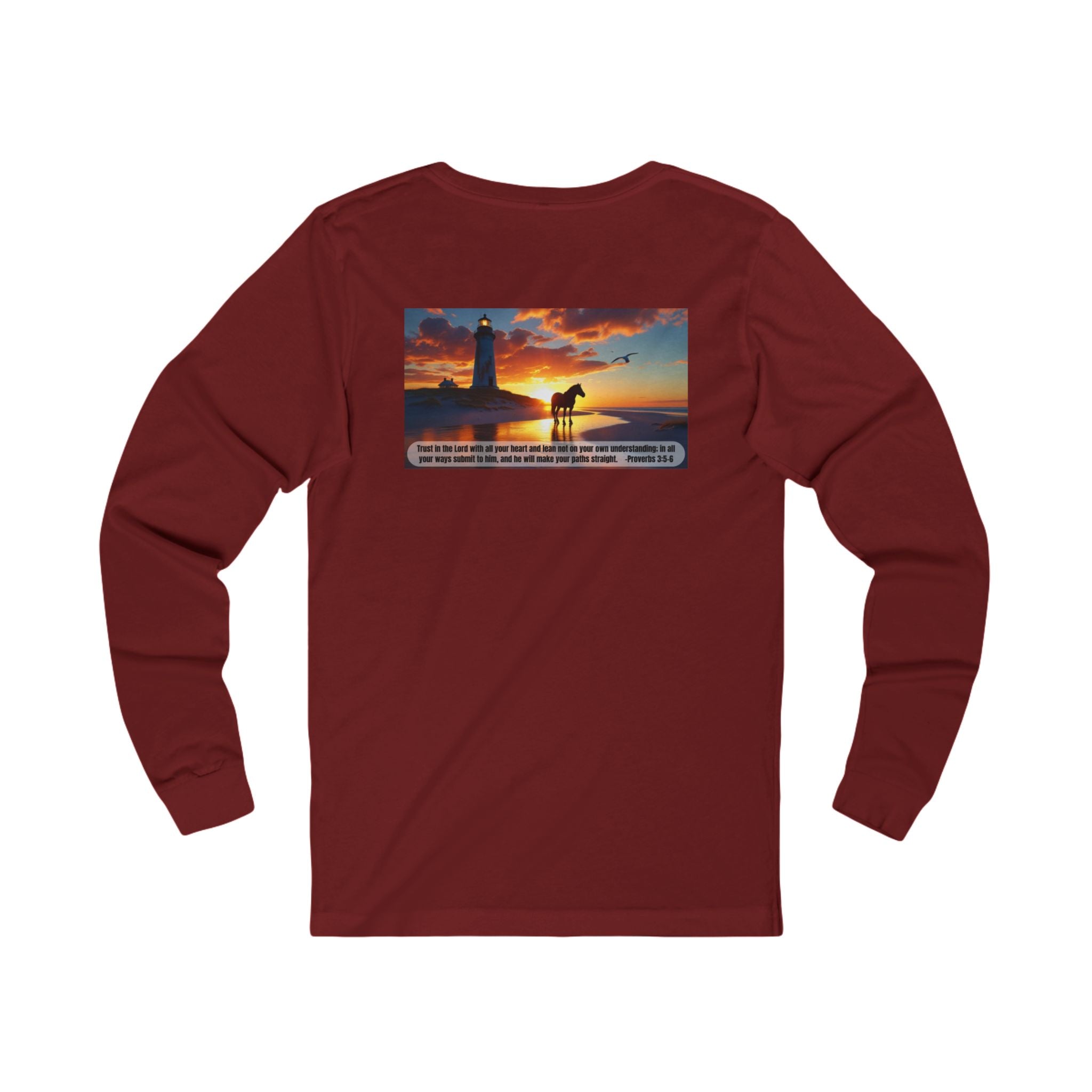 Living Anchored Jersey Long Sleeve Tee – Proverbs 3:5-6 Horse & Lighthouse Design
