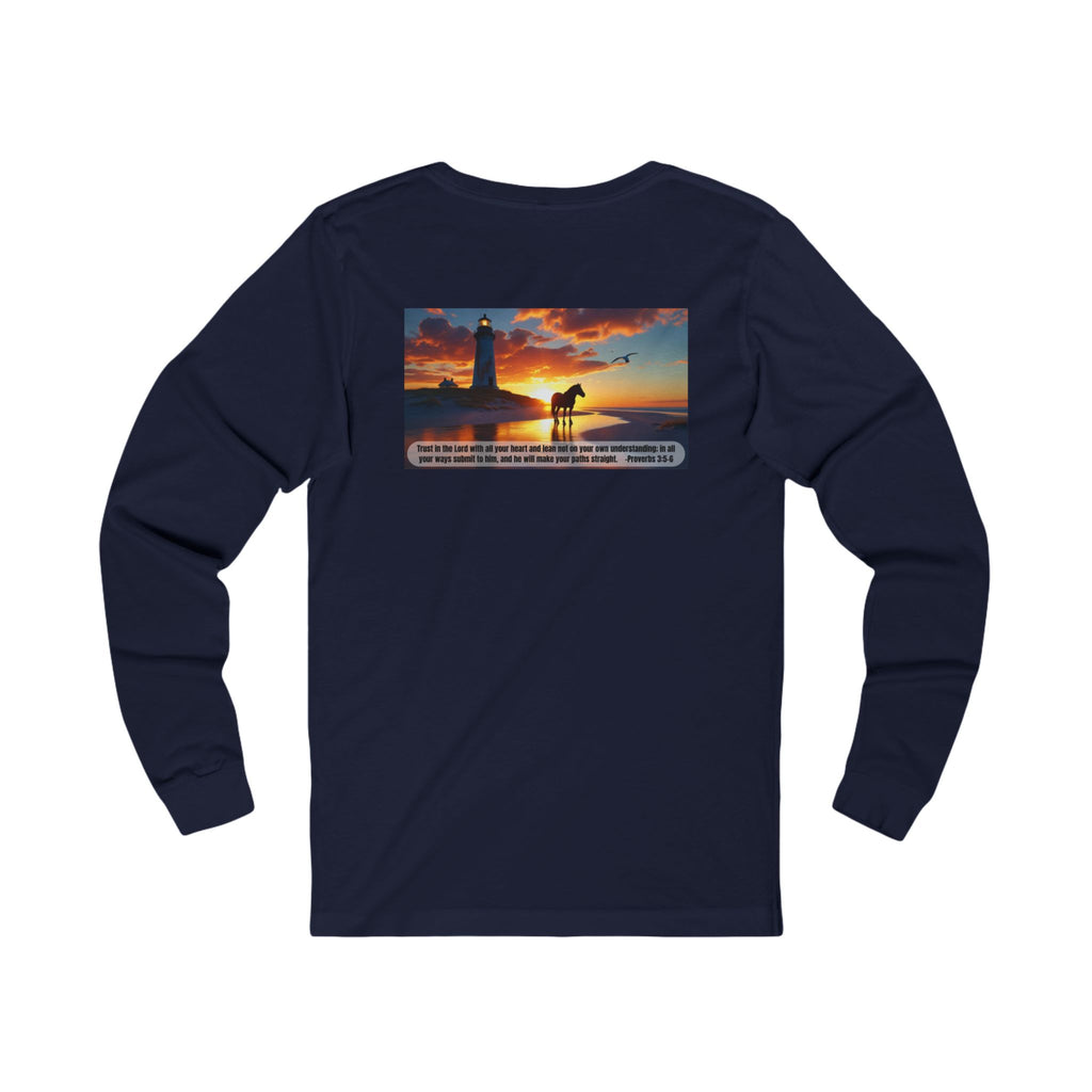 Living Anchored Jersey Long Sleeve Tee – Proverbs 3:5-6 Horse & Lighthouse Design