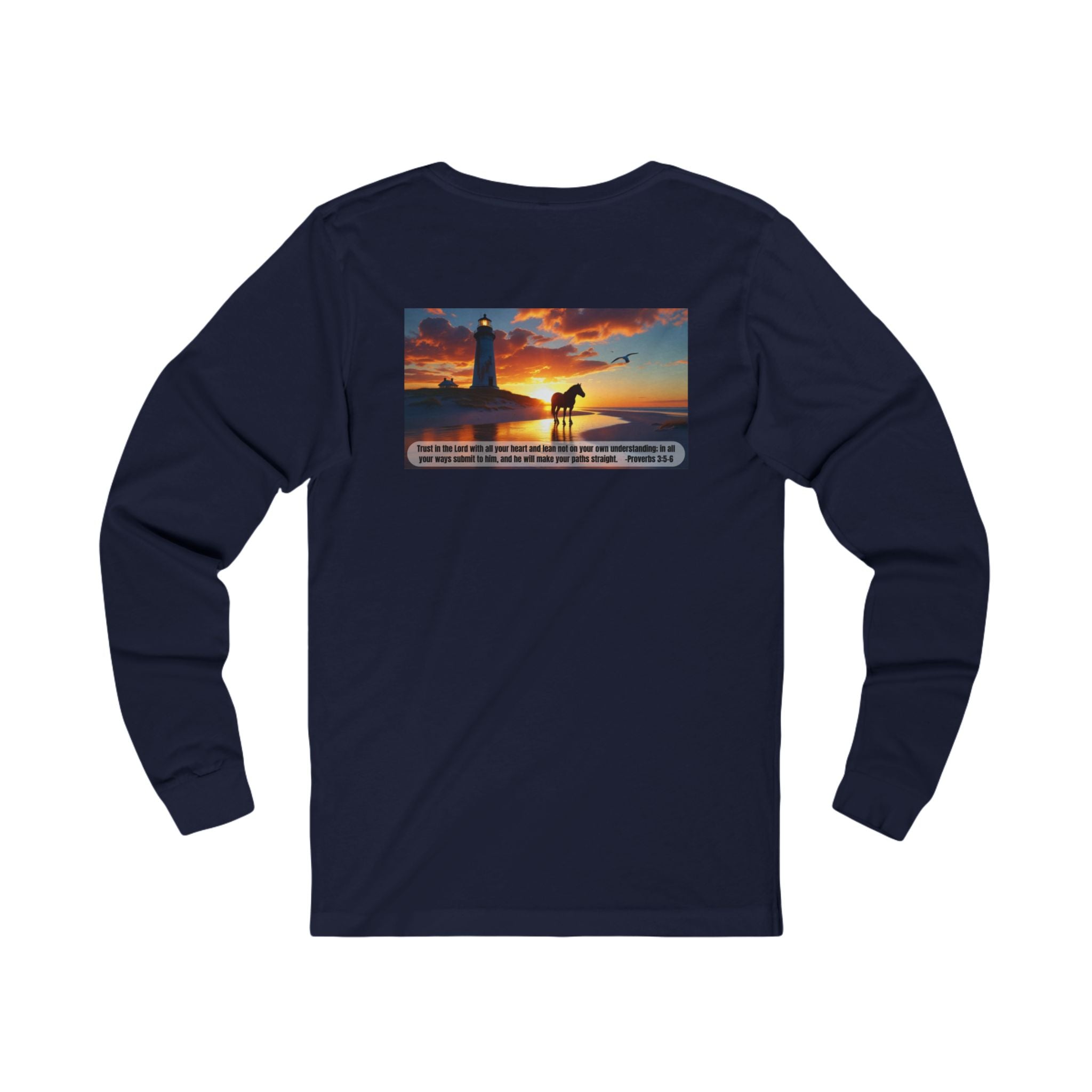 Living Anchored Jersey Long Sleeve Tee – Proverbs 3:5-6 Horse & Lighthouse Design