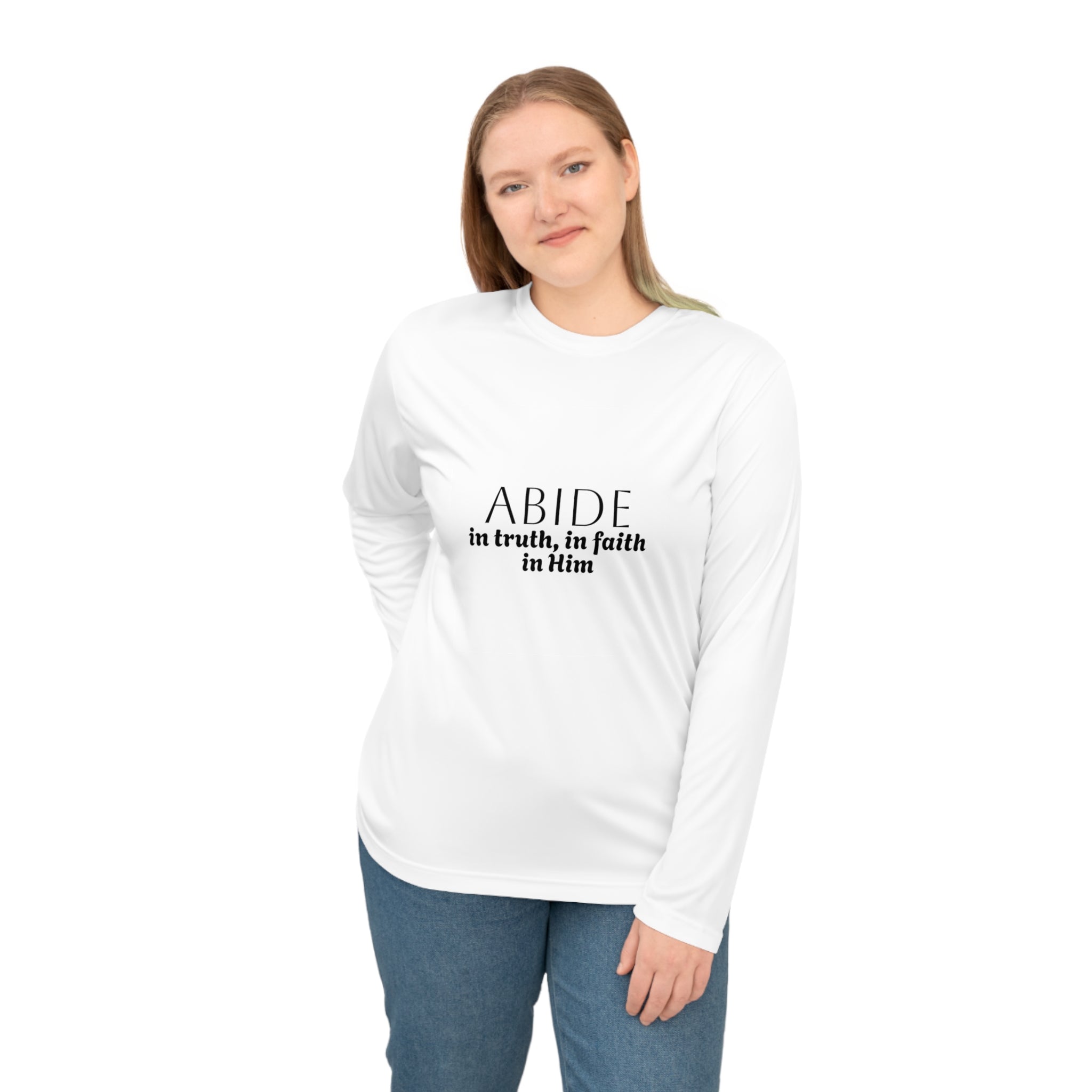 Women’s Performance Long Sleeve Shirt – ABIDE- Charlie Kirk Tribute in White