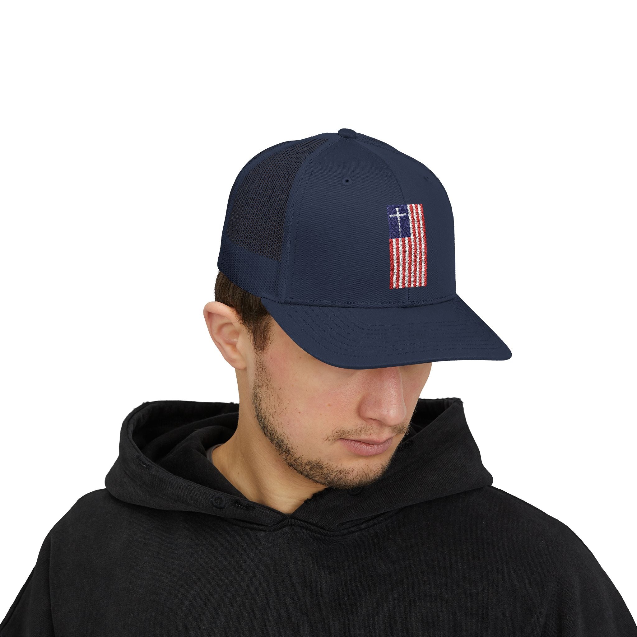 American Flag Cross – Snapback Trucker Cap (16 Colors)
